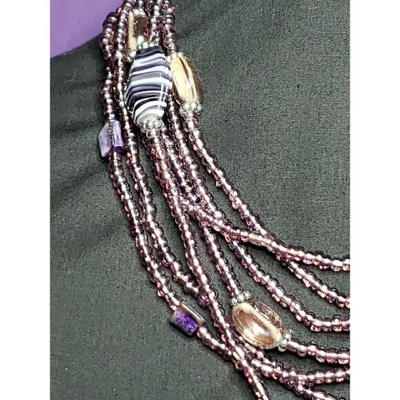 Multilayered Purple Glass Beaded Necklace, Seed Beads, Swirled Art Glass, Shell - Picture 3 of 12